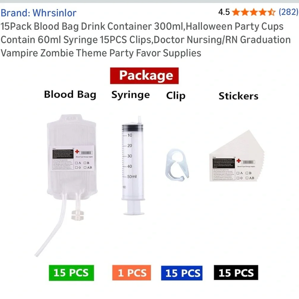 NIP Blood Bag Drink Containers-  Party Cups